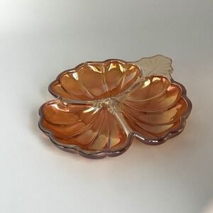 Vintage Carnival Glass Leaf Dish Orange Iridescent Marigold Trinket Cottagecore